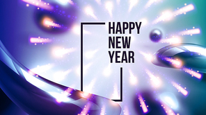 Celebrating Happy New Year Invite Banner Vector. Colorful Glossy Water Drops And Black Words With Frame Decorated Fireworks On New Year Greeting-card Annonce. Horizontal Poster 3d Illustration