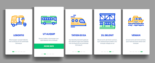 Collection Public Transport Vector Onboarding Mobile App Page Screen. Trolleybus And Bus, Tramway And Train, Cable Way And Monorail Transport Pictograms. Car And Taxi, Plane And Ship Illustrations