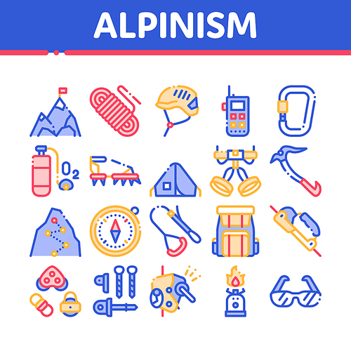 Alpinism Collection Elements Vector Icons Set Thin Line. Compass And Glasses, Mountain Direction And Burner Mountaineering Alpinism Equipment Concept Linear Pictograms. Color Contour Illustrations