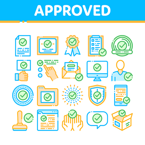 Approved Collection Elements Vector Icons Set Thin Line. Approved Sings On Document File And Hands, Computer Monitor And Smartphone Display Concept Linear Pictograms. Color Contour Illustrations