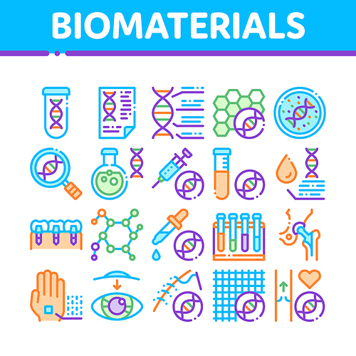 Biomaterials Collection Elements Vector Icons Set Thin Line. Biology And Science Flasks, Bioengineering, Dna And Medicine Vaccine Biomaterials Concept Linear Pictograms. Color Contour Illustrations