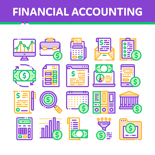 Financial Accounting Collection Vector Icons Set Thin Line. Money Dollar Sings On Smartphone Display And Magnifier, Web Site And Laptop Financial Concept Linear Pictograms. Color Contour Illustrations