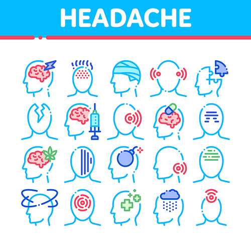 Headache Collection Elements Vector Icons Set Thin Line. Tension And Cluster Headache, Migraine And Brain Symptom Concept Linear Pictograms. Head Healthcare Color Contour Illustrations