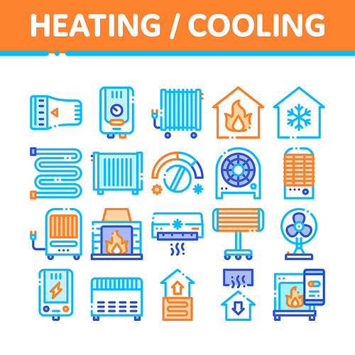 Heating And Cooling Collection Vector Icons Set Thin Line. Cool And Humidity, Airing, Ionisation And Heating Concept Linear Pictograms. Conditioning Related Color Contour Illustrations