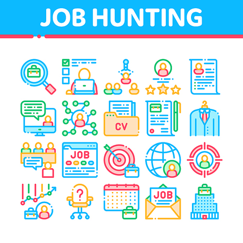Job Hunting Collection Elements Vector Icons Set Thin Line. Hunting Business People And Recruitment Candidate, Team Work And Partnership Concept Linear Pictograms. Color Contour Illustrations