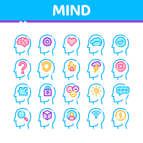 Mind Collection Elements Signs Vector Icons Set Thin Line. Gear And Brain Mind, Heart And Shield, Padlock And Coin Marks in Man Head Silhouette Concept Linear Pictograms. Color Contour Illustrations