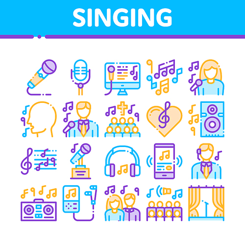 Singing Song Collection Elements Vector Icons Set. Singer And Musical Notes, Microphone And Headphones, Concert, Opera And Singing In Karaoke Concept Linear Pictograms. Color Contour Illustrations