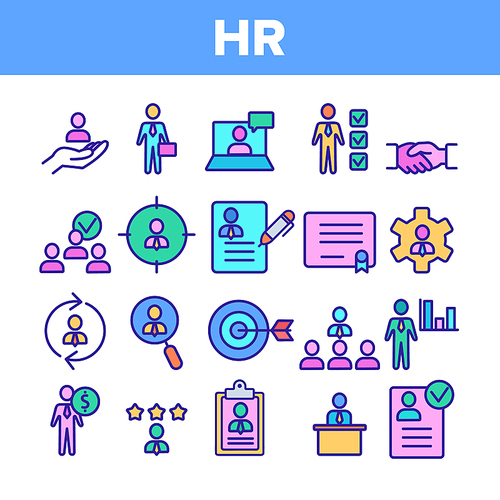 Color HR Human Resources Icons Set Vector Thin Line. Profile And Target With Arrow, Handshake, Character Businessman And Video Conference HR Linear Pictograms. Illustrations