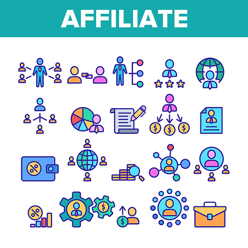 Color Affiliate Elements Vector Icons Set Thin Line. Affiliate Marketing And Business, Management And Finance, Strategy And Planning Concept Linear Pictograms. Illustrations