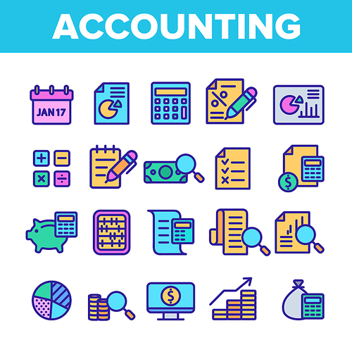 Color Accounting Elements Vector Icons Set Thin Line. Magnifier With Money Bank Note And Report Or Register List, Coin On Monitor Accounting Linear Pictograms. Illustrations