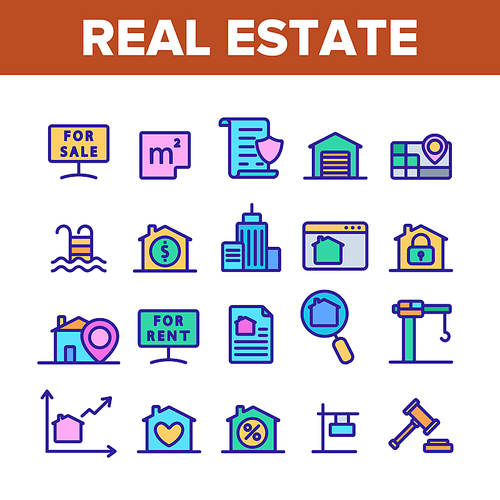 Collection Real Estate Elements Vector Icons Set Thin Line. Building And House, Map And Plan, Garage And Swimming Pool Real Estate Concept Linear Pictograms. Monochrome Contour Illustrations