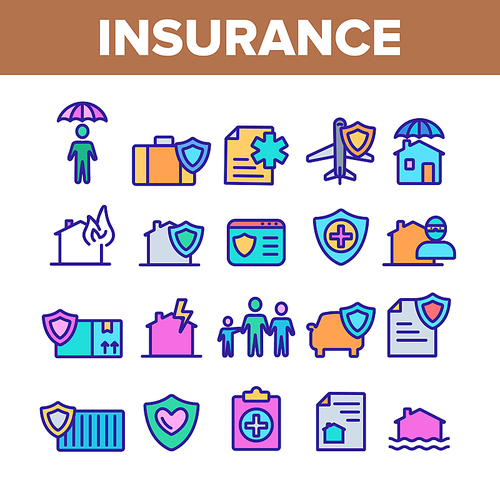 Insurance Collection Elements Vector Icons Set Thin Line. House Insurance From Fire And Lightning, Flood And Burglary Concept Linear Pictograms. Life-assurance Color Contour Illustrations