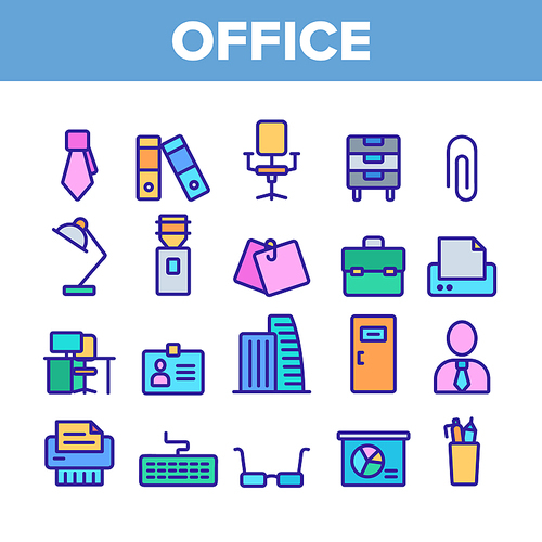 Office Job Collection Elements Vector Icons Set Thin Line. Office Chair And Lamp, File Folder And Paper Clip, Building And Manager Concept Linear Pictograms. Color Contour Illustrations