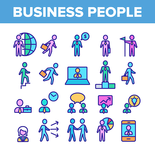 Business People Leader Collection Icons Set Vector Thin Line. Running Man Silhouette And Business Trip, Discussion And Conference Concept Linear Pictograms. Color Contour Illustrations