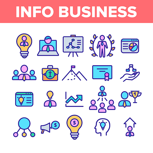 Info Business Collection Elements Icons Set Vector Thin Line. Human Businessman Silhouette In Light Bulb, Suitcase And Business Graph Concept Linear Pictograms. Color Contour Illustrations