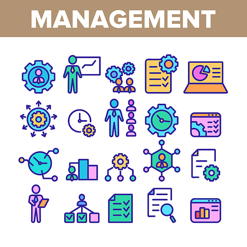 Management Collection Elements Icons Set Vector Thin Line. Business Planning And Presentation, Management Staff And Project Concept Linear Pictograms. Color Contour Illustrations