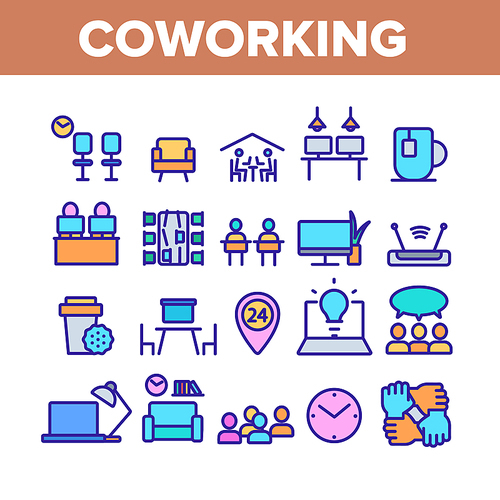 Coworking Collection Elements Icons Set Vector Thin Line. Working Table Place With Computer, Laptop And Lamp, Tea Cup And Clock Coworking Concept Linear Pictograms. Color Contour Illustrations