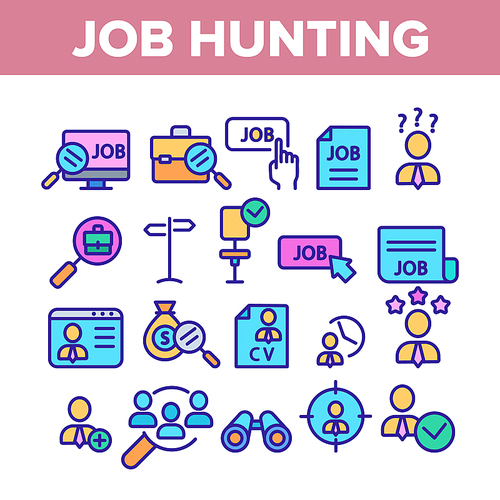 Job Hunting Collection Elements Icons Set Vector Thin Line. Magnifier With Suitcase And Computer, Web Site And Businessman Job Hunting Concept Linear Pictograms. Color Contour Illustrations