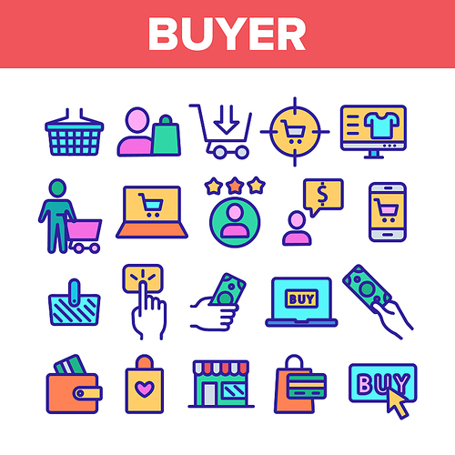 Color Buyer Elements Signs Icons Set Vector Thin Line. Internet Supermarket On Smartphone And Computer Laptop Monitor And Buyer Shopping Basket Linear Pictograms. Illustrations