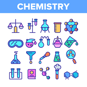 Color Chemistry Elements Icons Set Vector Thin Line. Flask And Spirit Lamp, Pipette And Can, Glasses And Magnifier Chemistry Equipment Linear Pictograms. Illustrations