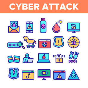 Color Cyber Attack Elements Icons Set Vector Thin Line. Virus In Email Message And Malware, Infected Flash Drive And Smartphone Ddos Attack Linear Pictograms. Illustrations
