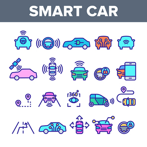 Color Smart Car Elements Icons Set Vector Thin Line. Intelligence Control And Security, Network Navigation And Autopilot Smart Car Devices Linear Pictograms. Illustrations