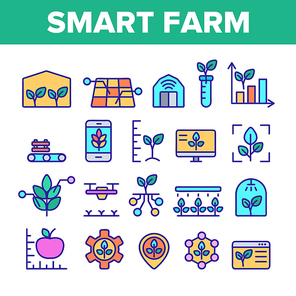 Color Smart Farm Elements Icons Set Vector Thin Line. Innovation Electronic Technology And Watering Plant Smart Farm Computer Control Linear Pictograms. Illustrations