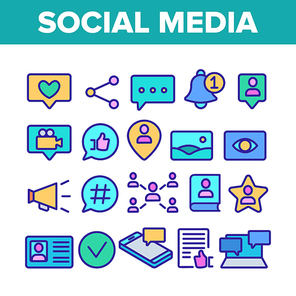Color Social Media Elements Icons Set Vector Thin Line. Internet Social Chat And Message In Smartphone, Web Site Details Like And Bell Mark Linear Pictograms. Illustrations