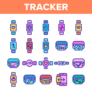 Color Watch Tracker Elements Icons Set Vector Thin Line. Different Activity Fitness Tracker Electronic Device For Sportsman Linear Pictograms. Illustrations