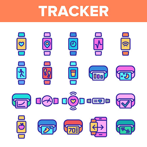 Color Watch Tracker Elements Icons Set Vector Thin Line. Different Activity Fitness Tracker Electronic Device For Sportsman Linear Pictograms. Illustrations