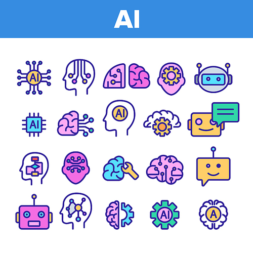 Color Artificial Intelligence Elements Vector Icons Set Thin Line. Brain And Droid Robot, Chip And Processor Of Ai Artificial Intelligence Details Linear Pictograms. Illustrations