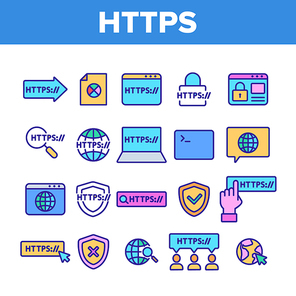 Color Https Elements Vector Sign Icons Set Thin Line. Browser Address Bar Showing Https Protocol Secure Browsing And Connections Trend Linear Pictograms. Contour Illustrations