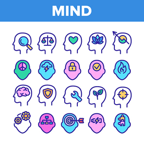 Color Mind Elements Vector Sign Icons Set. Padlock And Fire, Plant Leaves And Shield, Puzzle And Battery, Heart And Mind In Man Head Silhouette Linear Pictograms. Illustrations