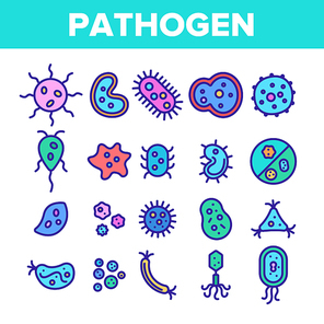 Color Pathogen Elements Vector Sign Icons Set. Pathogen Bacteria Microorganism, Microbes And Germs Linear Pictograms. Analysis In Flask, Microscope And Injection Illustrations