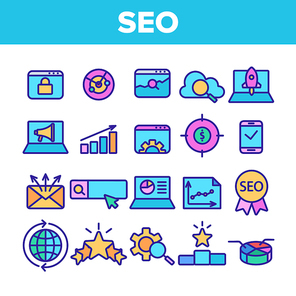 Color Seo Search Engine Optimization Icons Seo Vector Thin Line. Collection Of Different Seo Elements Infographic And Mail Message, Social Marketing Signs Linear Pictograms. Contour Illustrations