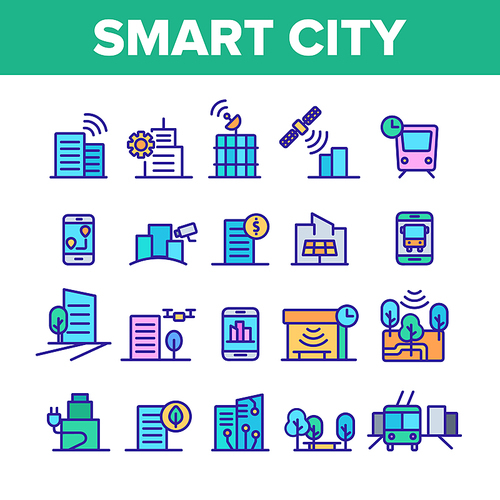 Color Smart City Elements Icons Set Vector Thin Line. Intelligence Town Control And Security, Smart Navigation And Direction on Smartphone Linear Pictograms. Illustrations