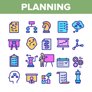 Planning Collection Elements Vector Icons Set Thin Line. Chess Figures And Presentation, Mechanism Gears And Presenting Strategic Planning Concept Linear Pictograms. Color Contour Illustrations