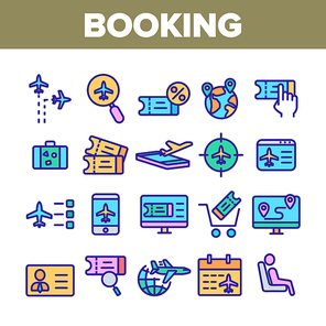 Booking Trip Collection Elements Icons Set Vector Thin Line. Airplane Direction And Ticket, Suitcase And Badge Booking Details Concept Linear Pictograms. Color Contour Illustrations