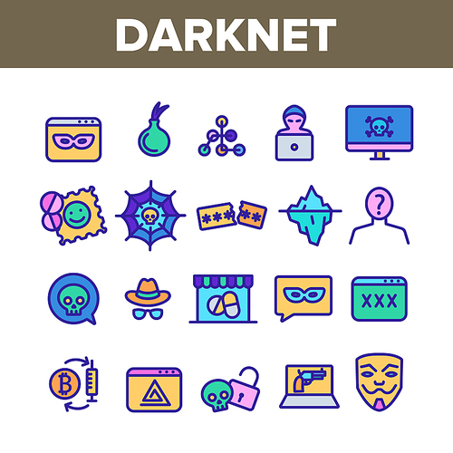 Darknet Collection Web Elements Icons Set Vector Thin Line. Password And Key Protection Dark Deep Internet And Security Darknet Concept Linear Pictograms. Color Contour Illustrations