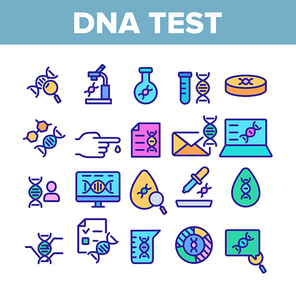 Dna Test Collection Elements Icons Set Vector Thin Line. Medicine Science And Genetics, Diagnostic Equipment And Medical Tools For Test Concept Linear Pictograms. Color Contour Illustrations