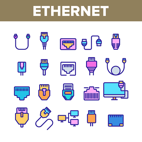 Ethernet Collection Elements Icons Set Vector Thin Line. Internet And Network Connection Cable Cord Wire Ethernet Details Concept Linear Pictograms. Color Contour Illustrations