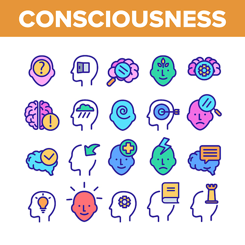 Consciousness Collection Elements Icons Set Vector Thin Line. Human Silhouette With Light Bulb And Leaves And Question Mark Consciousness Concept Linear Pictograms. Color Contour Illustrations