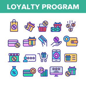 Loyalty Program Bonus Collection Icons Set Vector Thin Line. Bag And Market With Percentage Mark, Present Gift And Wallet Loyalty Program Concept Linear Pictograms. Color Contour Illustrations