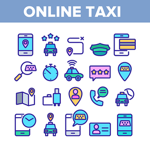 Online Taxi Collection Elements Icons Set Vector Thin Line. Smartphone With Gps Mark And Baggage, Card And Direction, Stopwatch And Taxi Car Concept Linear Pictograms. Color Contour Illustrations