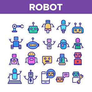 Robot High Technology Collection Icons Set Vector Thin Line. Modern Electronic Robot, Smartphone Chatbot And Computer Support Concept Linear Pictograms. Color Contour Illustrations
