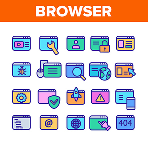 Browser Internet Web Site Pages Icons Set Vector Thin Line. Browser Collection With Rocket And Shield, Magnifier And Padlock Mark Concept Linear Pictograms. Monochrome Contour Illustrations
