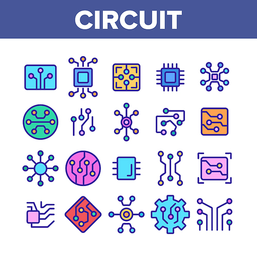 Circuit Computer Chip Collection Icons Set Vector Thin Line. Different Electronic Circuit And Electronic Module, Processor And Micro-scheme Concept Linear Pictograms. Monochrome Contour Illustrations