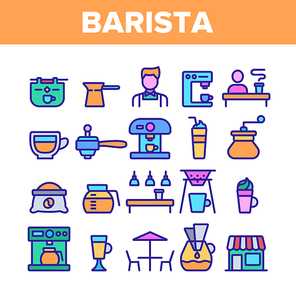 Color Barista Equipment Sign Icons Set Vector Thin Line. Coffee And Latte Cup, Beverage Machine And Barista Brewing Pot Linear Pictograms. Morning Energetic Drink Illustrations