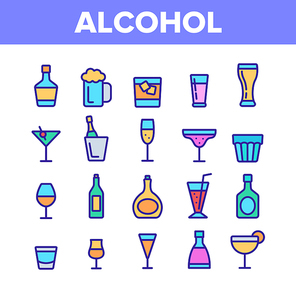 Collection Alcohol Elements Vector Icons Set Thin Line. Alcohol Beverage In Glass And Bottle Concept Linear Pictograms. Beer And Champagne, Wine And Whiskey Monochrome Contour Illustrations