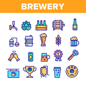 Collection Beer Brewery Elements Vector Icons Set Thin Line. Alcohol Foam Drink Brewery Concept Linear Pictograms. Barrel And Bottle, Faucet And Keg Monochrome Contour Illustrations